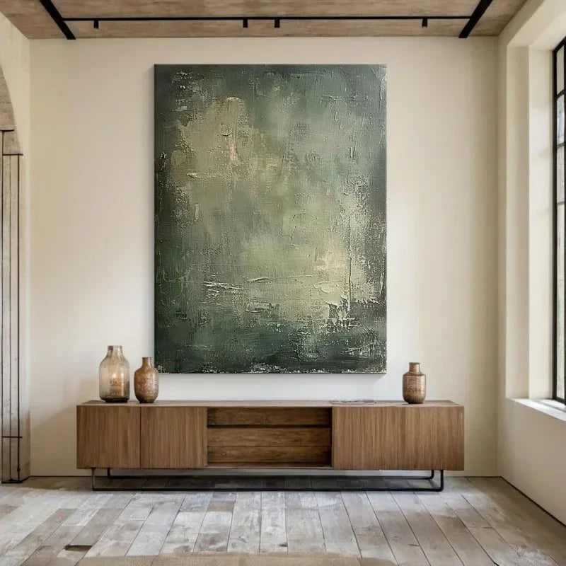 Large Geometric Abstract Painting Green Beige Minimalist Wabi-Sabi Wall Art Green Canvas Wall Art Modern Green Wall Decor - Home Decoration Plus