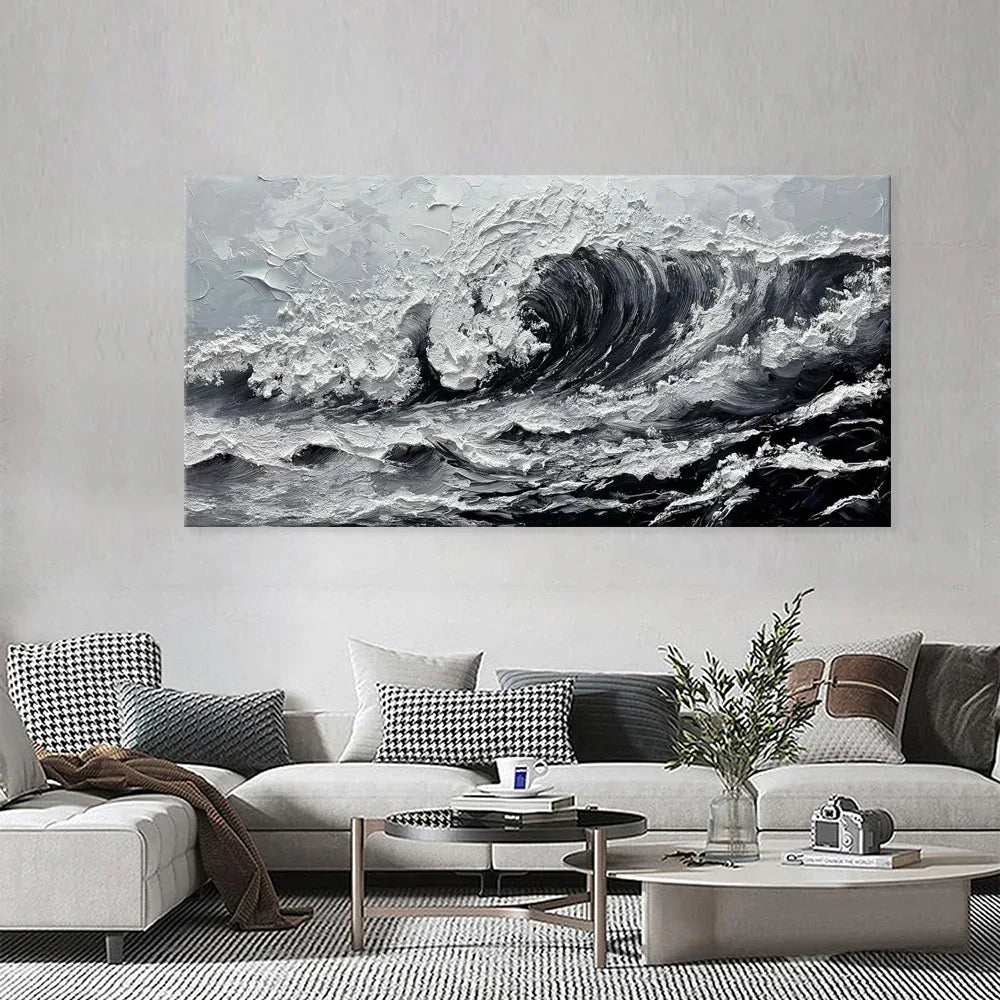 Ocean Waves Canvas Art - Large Gray White Seascape Oil Painting - Home Decoration Plus