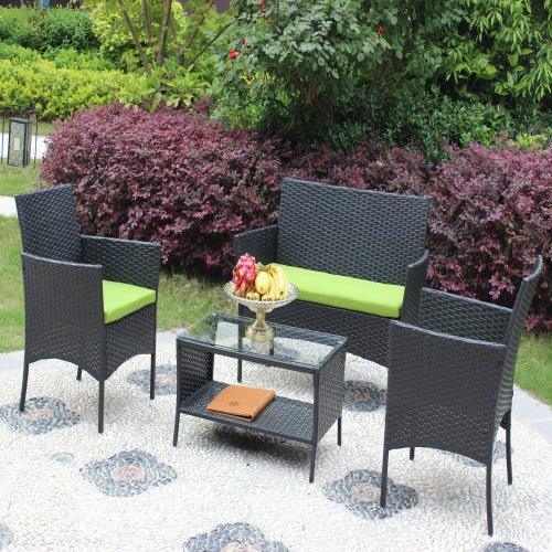 4 PC Rattan Patio Furniture Set Outdoor Patio Cushioned Seat Wicker Sofa Green Cushion - Home Decoration Plus