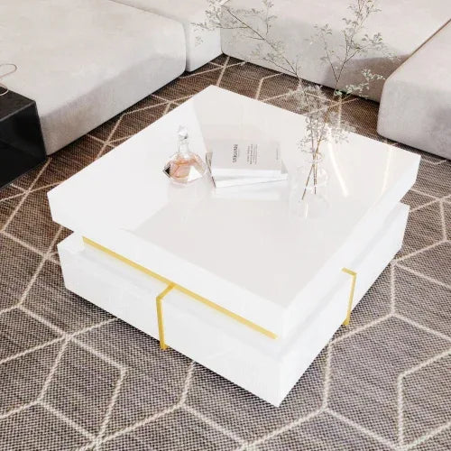 Coffee Table, High-Gloss Living Room Table, Side Table With Drawers And Gold Accents - Home Decoration Plus