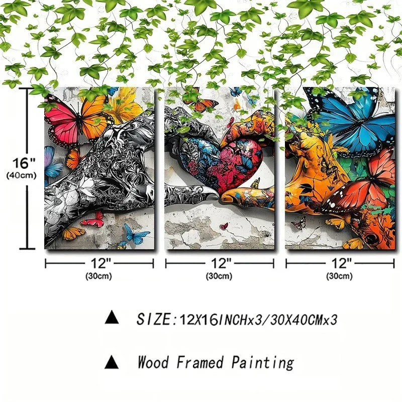 3 Piece Framed Canvas Wall Art - Graffiti Love Heart Holding Hands Print Set - Home Decoration Plus