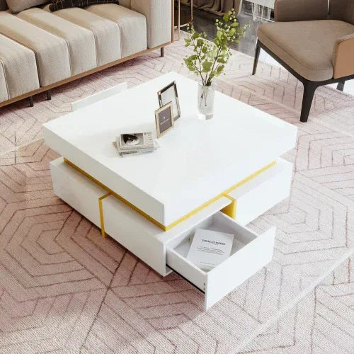 Coffee Table, High-Gloss Living Room Table, Side Table With Drawers And Gold Accents - Home Decoration Plus