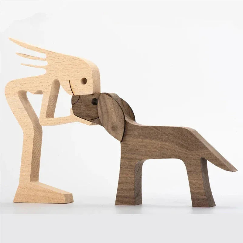 DIY Figurine Wood Dog Ornament Sculpture Home Decoration A Man A Dog Wood Sculpture Christmas Gifts Model Decor - Home Decoration Plus
