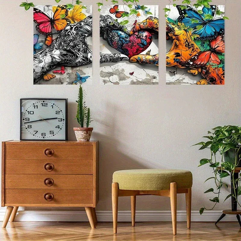 3 Piece Framed Canvas Wall Art - Graffiti Love Heart Holding Hands Print Set - Home Decoration Plus
