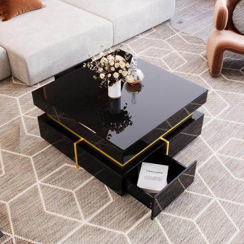 Coffee Table, High-Gloss Living Room Table, Side Table With Drawers And Gold Accents - Home Decoration Plus