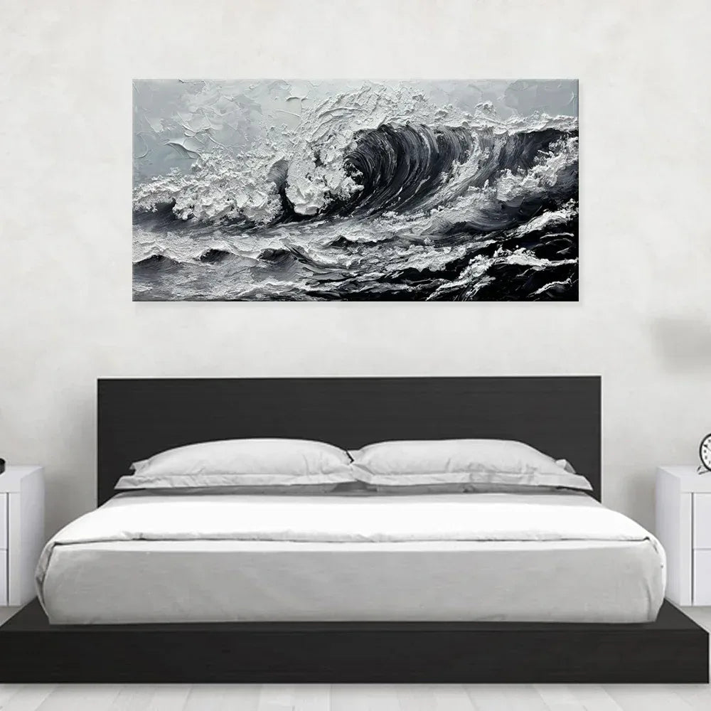 Ocean Waves Canvas Art - Large Gray White Seascape Oil Painting - Home Decoration Plus