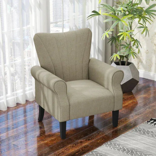 HOMCOM Upholstered Accent Chair With Rolled Arms And Wood Legs, Armchair For Living Room Bedroom, Beige - Home Decoration Plus