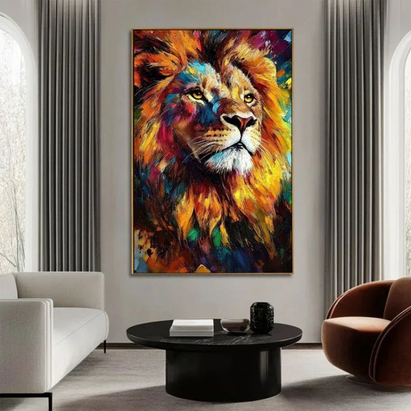 Colorful Lion Canvas Art - Abstract Animal Oil Painting for Modern Living Room Decor - Home Decoration Plus