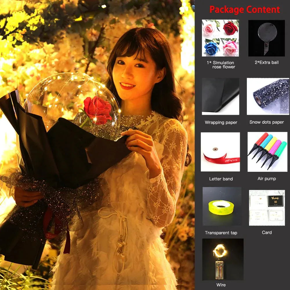 LED Luminous Balloon Rose Bouquet Transparent Bobo Ball Rose - Home Decoration Plus