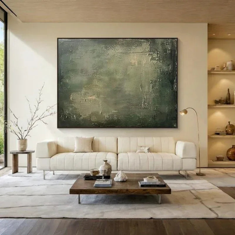 Large Geometric Abstract Painting Green Beige Minimalist Wabi-Sabi Wall Art Green Canvas Wall Art Modern Green Wall Decor - Home Decoration Plus