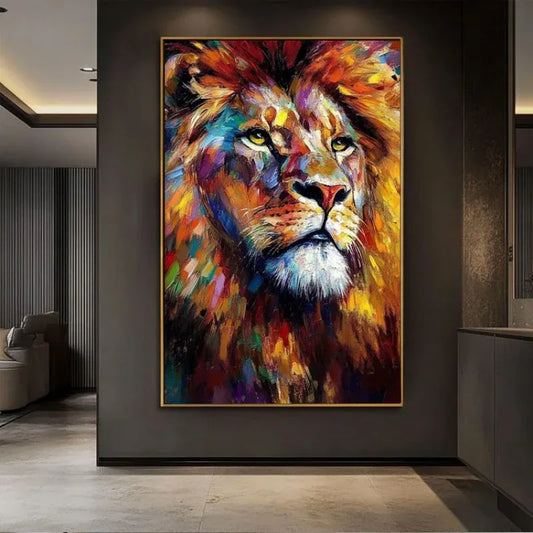 Colorful Lion Canvas Art - Abstract Animal Oil Painting for Modern Living Room Decor - Home Decoration Plus