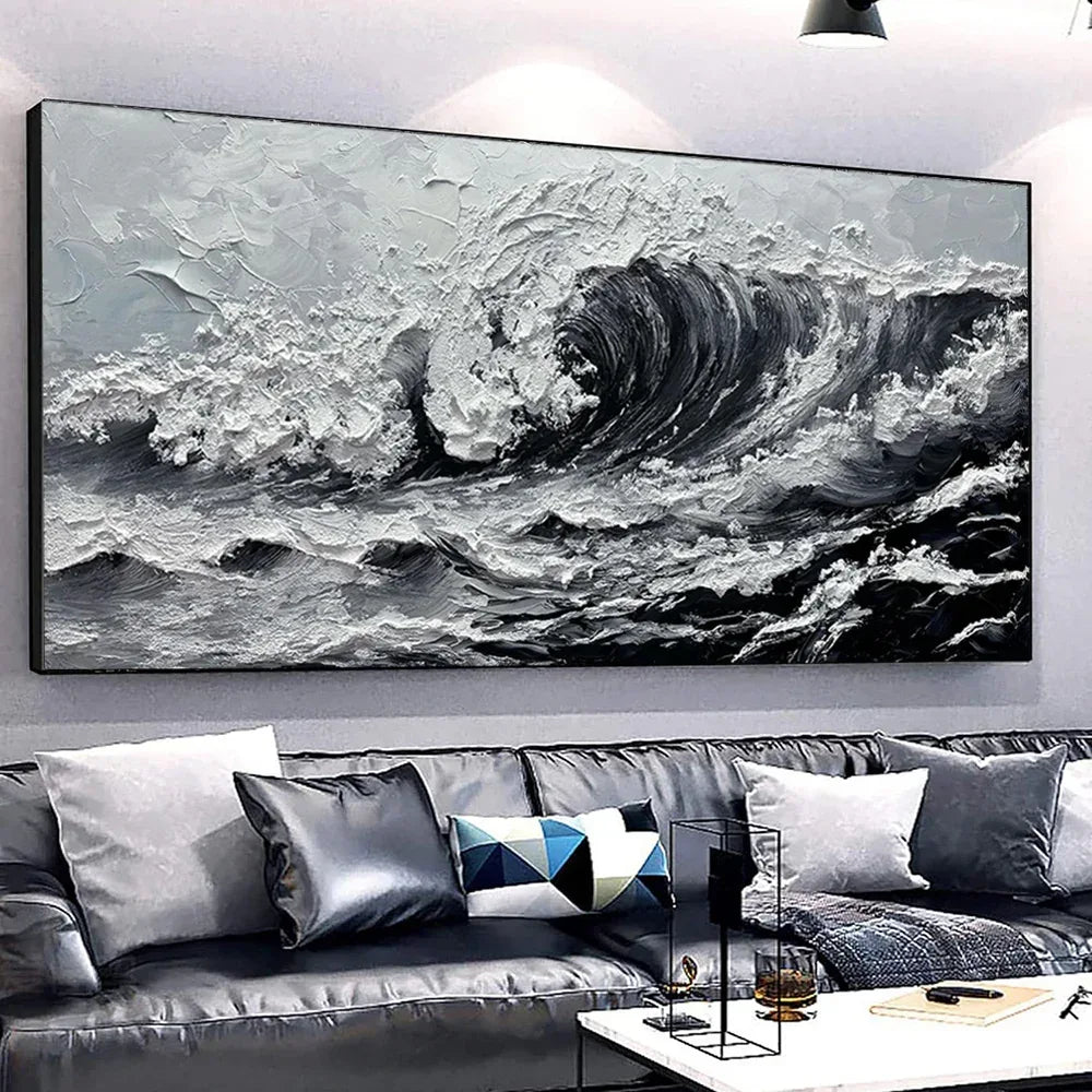 Ocean Waves Canvas Art - Large Gray White Seascape Oil Painting - Home Decoration Plus