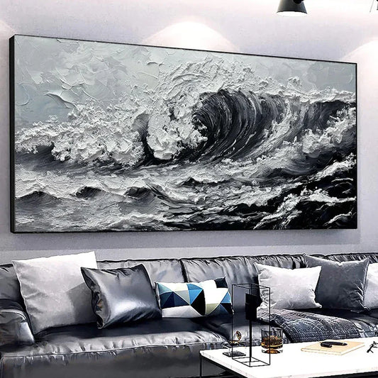 Ocean Waves Canvas Art - Large Gray White Seascape Oil Painting - Home Decoration Plus
