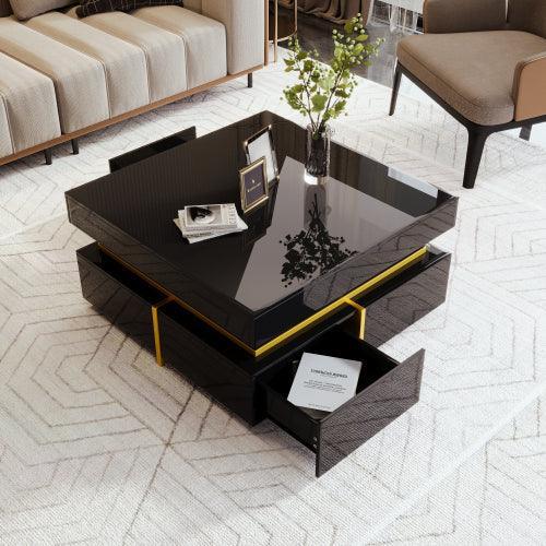 Coffee Table, High-Gloss Living Room Table, Side Table With Drawers And Gold Accents - Home Decoration Plus