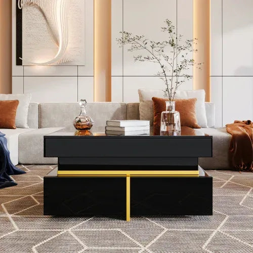 Coffee Table, High-Gloss Living Room Table, Side Table With Drawers And Gold Accents - Home Decoration Plus