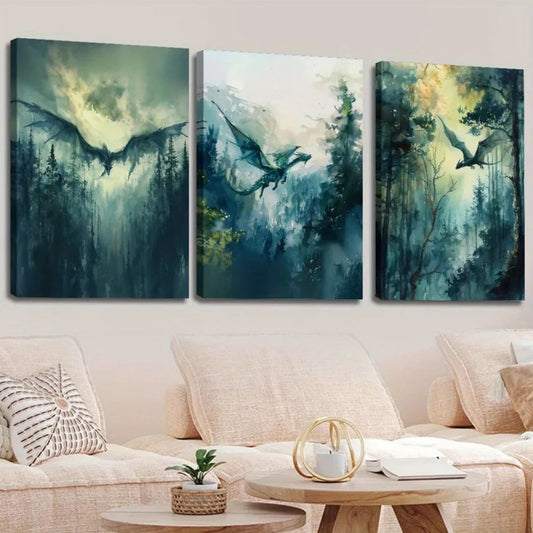 3 Piece Dark Academia Canvas Art - Dragon Fantasy Watercolor Wall Decor Set - Home Decoration Plus