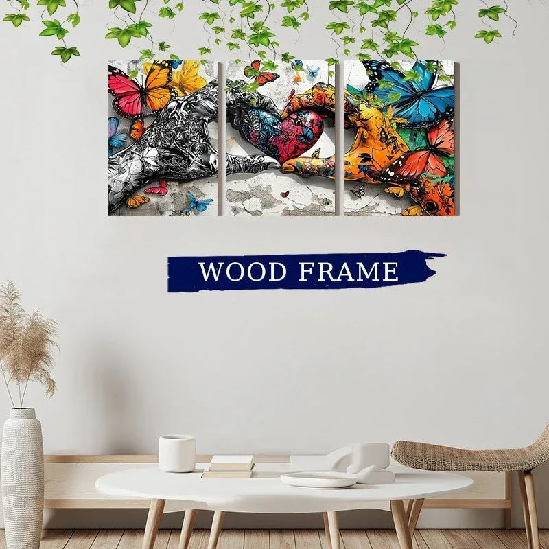 3 Piece Framed Canvas Wall Art - Graffiti Love Heart Holding Hands Print Set - Home Decoration Plus