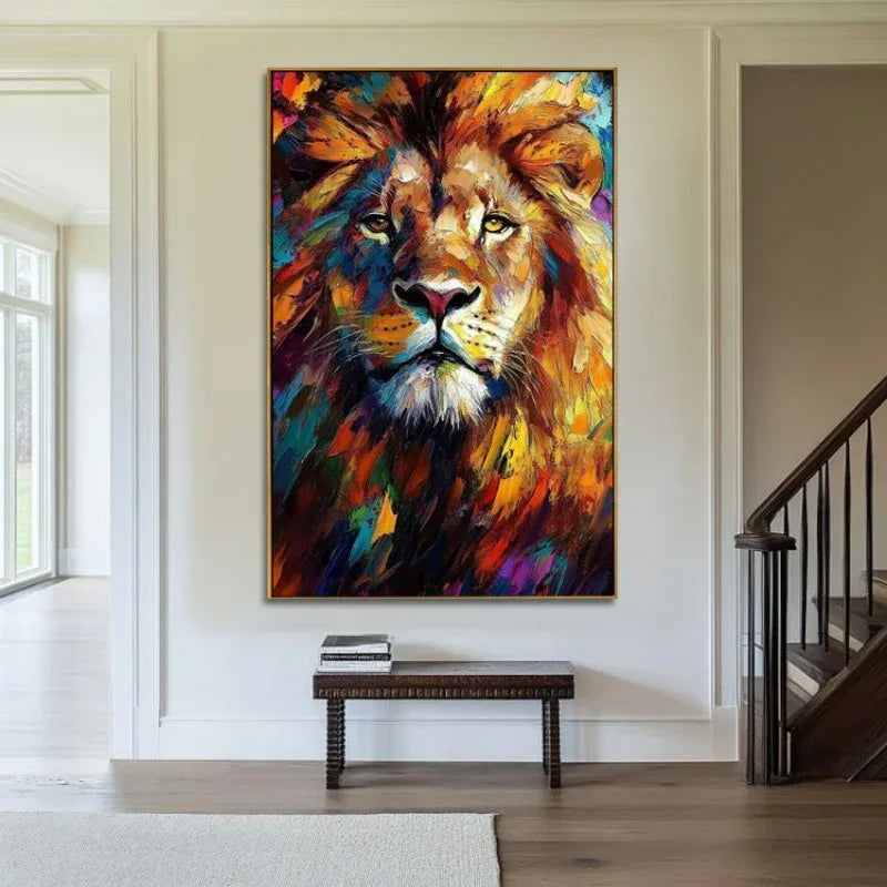 Colorful Lion Canvas Art - Abstract Animal Oil Painting for Modern Living Room Decor - Home Decoration Plus
