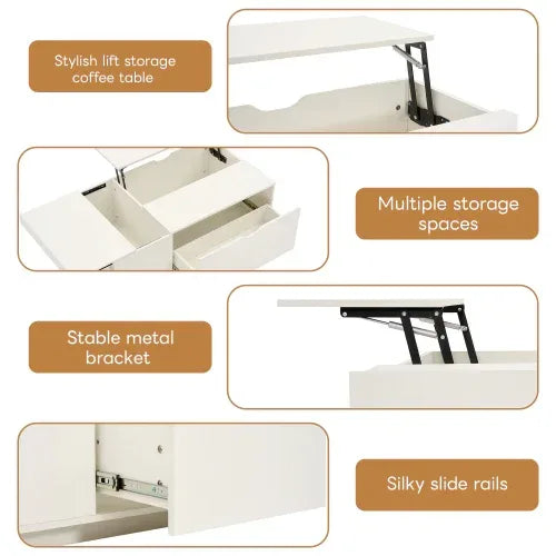 Lift Up Coffee Table, Coffee Table With Drawer, Wooden Tea Tables Sofa End Tables For Living Room Furniture , White - Home Decoration Plus