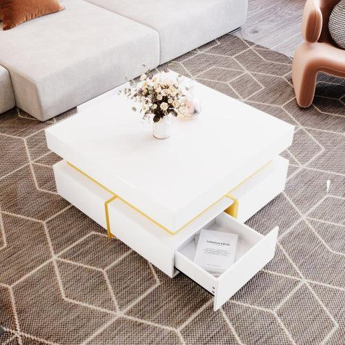 Coffee Table, High-Gloss Living Room Table, Side Table With Drawers And Gold Accents - Home Decoration Plus