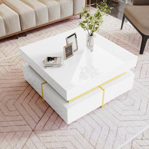 Coffee Table, High-Gloss Living Room Table, Side Table With Drawers And Gold Accents - Home Decoration Plus