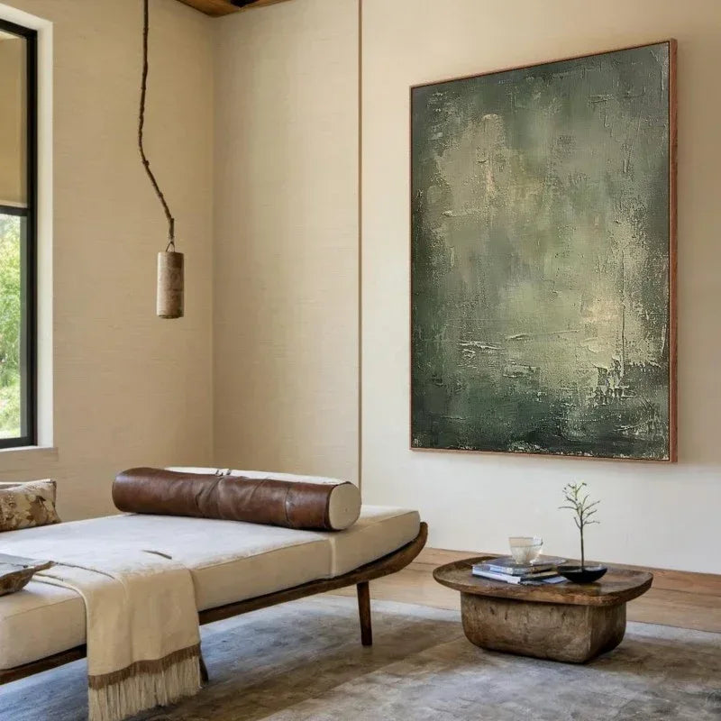 Large Geometric Abstract Painting Green Beige Minimalist Wabi-Sabi Wall Art Green Canvas Wall Art Modern Green Wall Decor - Home Decoration Plus