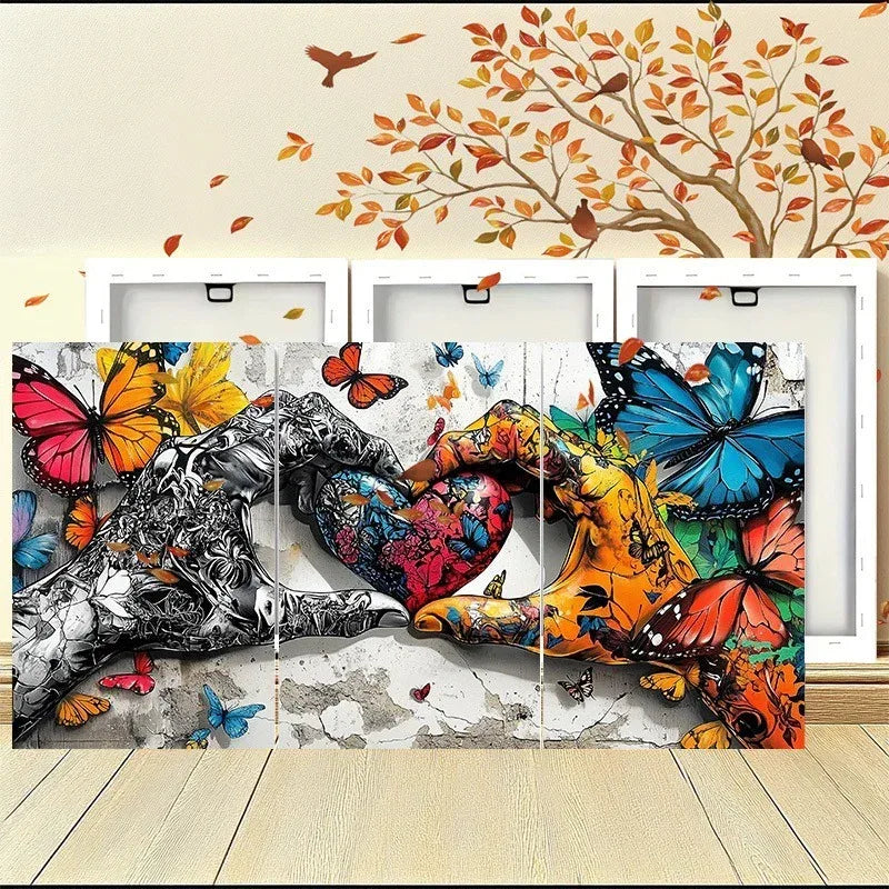 3 Piece Framed Canvas Wall Art - Graffiti Love Heart Holding Hands Print Set - Home Decoration Plus