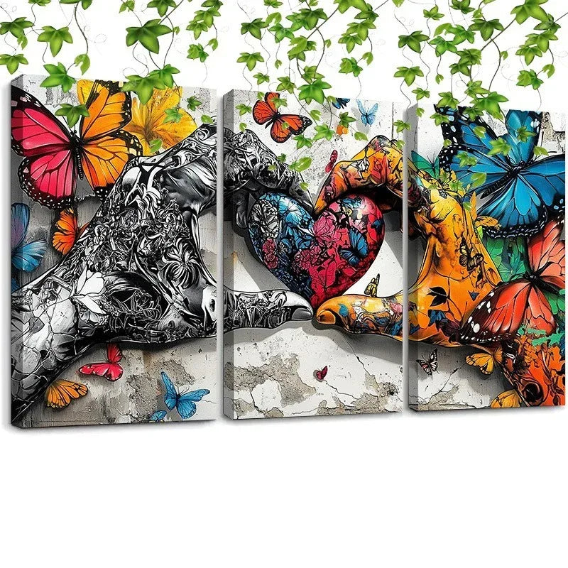 3 Piece Framed Canvas Wall Art - Graffiti Love Heart Holding Hands Print Set - Home Decoration Plus