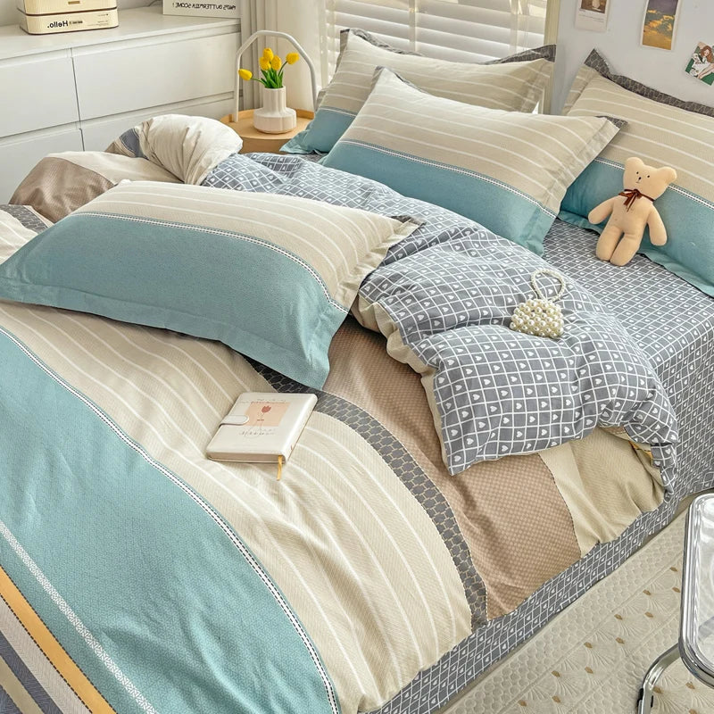 Gray Mint Green Striped Printed Duvet