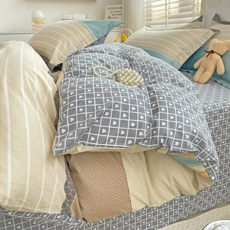 Gray Mint Green Striped Printed Duvet