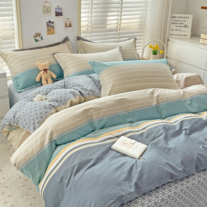 Gray Mint Green Striped Printed Duvet