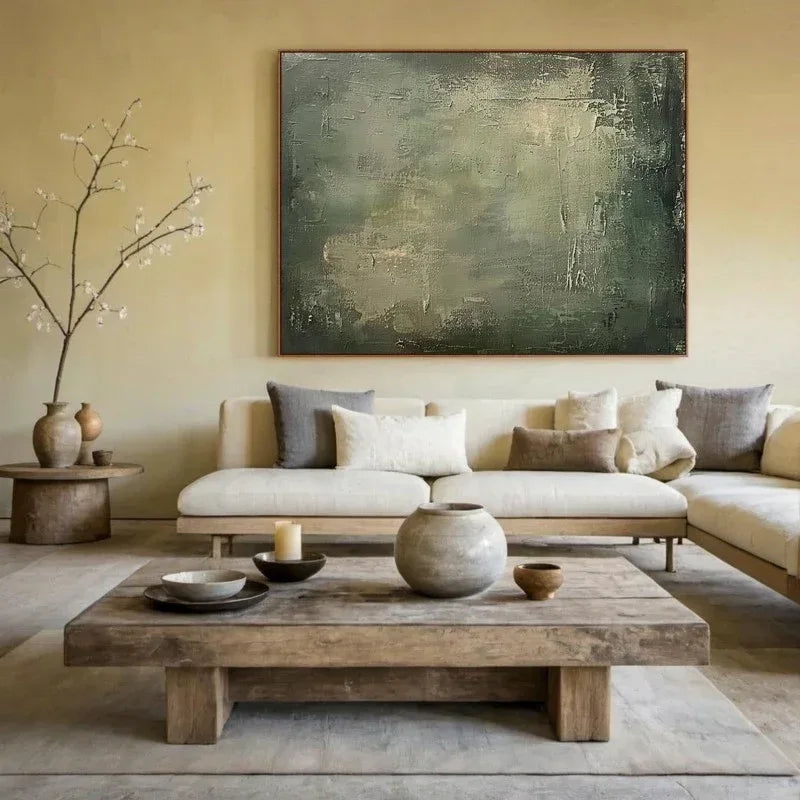Large Geometric Abstract Painting Green Beige Minimalist Wabi-Sabi Wall Art Green Canvas Wall Art Modern Green Wall Decor - Home Decoration Plus