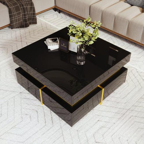 Coffee Table, High-Gloss Living Room Table, Side Table With Drawers And Gold Accents - Home Decoration Plus
