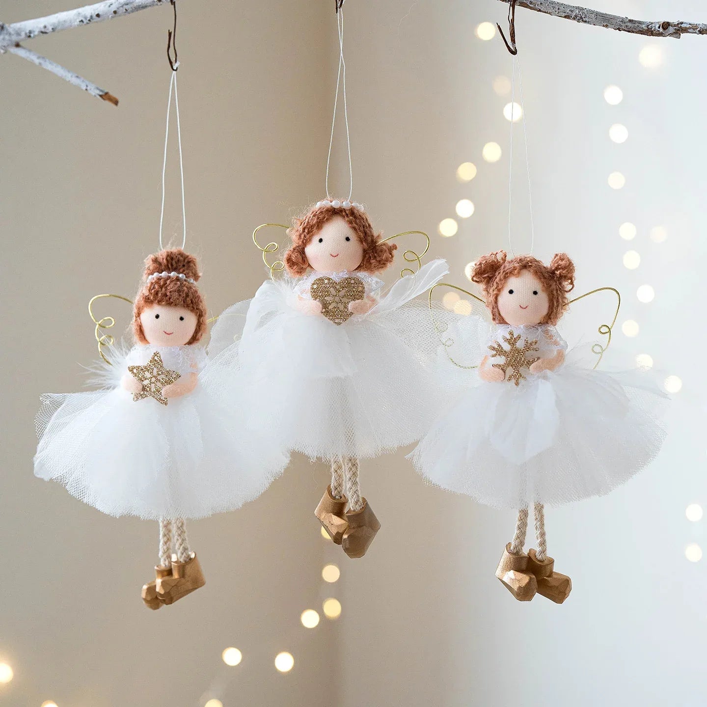Christmas White Tulle Skirt Golden Wings Angel Girl Pendant - Home Decoration Plus
