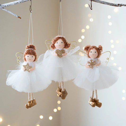 Christmas White Tulle Skirt Golden Wings Angel Girl Pendant - Home Decoration Plus