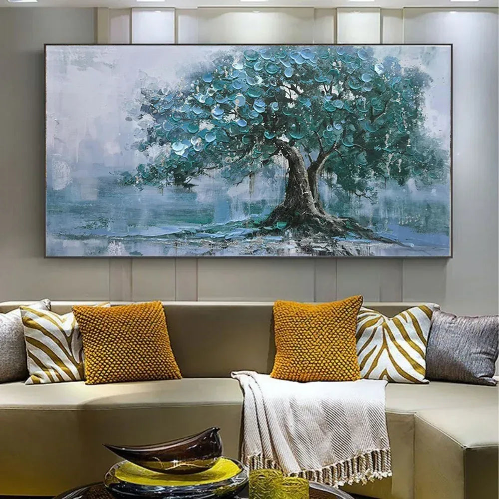 Large Green Tree Oil Painting - Handpainted Canvas Wall Art for Living Room - Home Decoration Plus