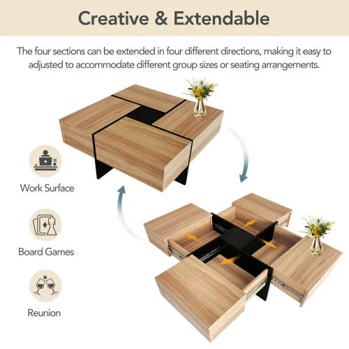 Modern Square Coffee Table with Hidden Storage - Home Decoration Plus