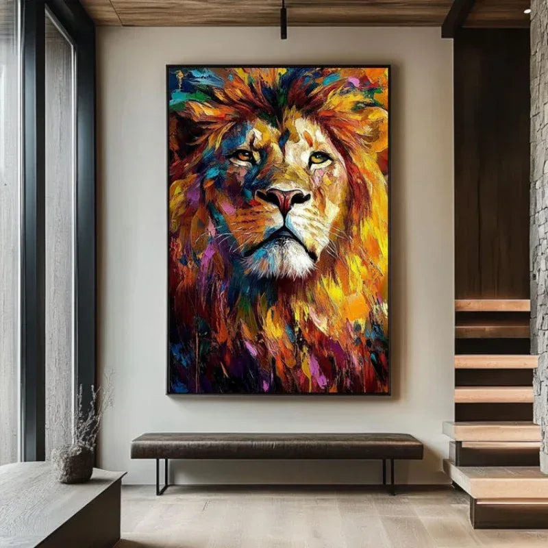 Colorful Lion Canvas Art - Abstract Animal Oil Painting for Modern Living Room Decor - Home Decoration Plus