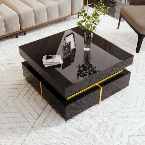 Coffee Table, High-Gloss Living Room Table, Side Table With Drawers And Gold Accents - Home Decoration Plus