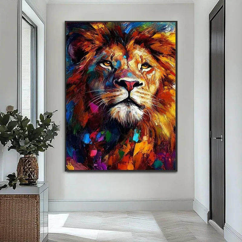 Colorful Lion Canvas Art - Abstract Animal Oil Painting for Modern Living Room Decor - Home Decoration Plus