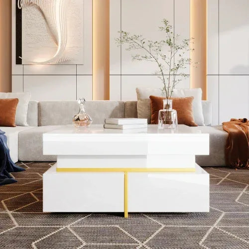 Coffee Table, High-Gloss Living Room Table, Side Table With Drawers And Gold Accents - Home Decoration Plus
