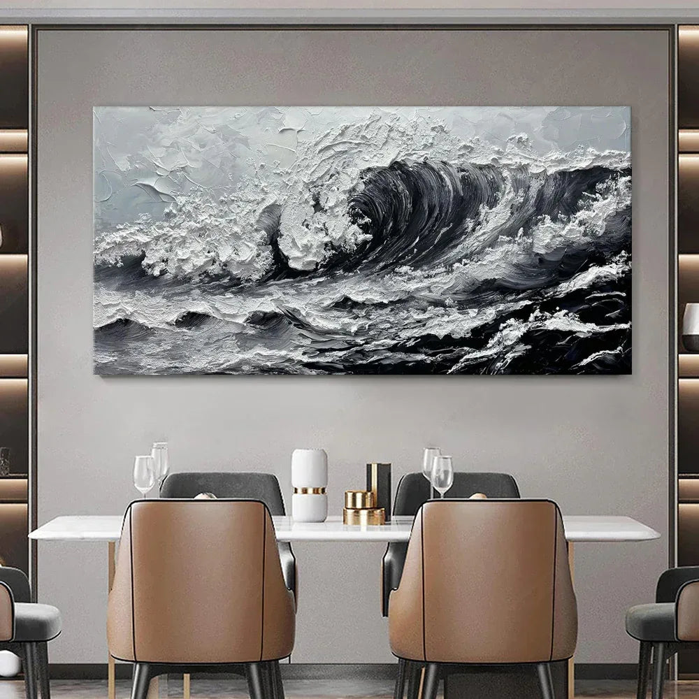 Ocean Waves Canvas Art - Large Gray White Seascape Oil Painting - Home Decoration Plus