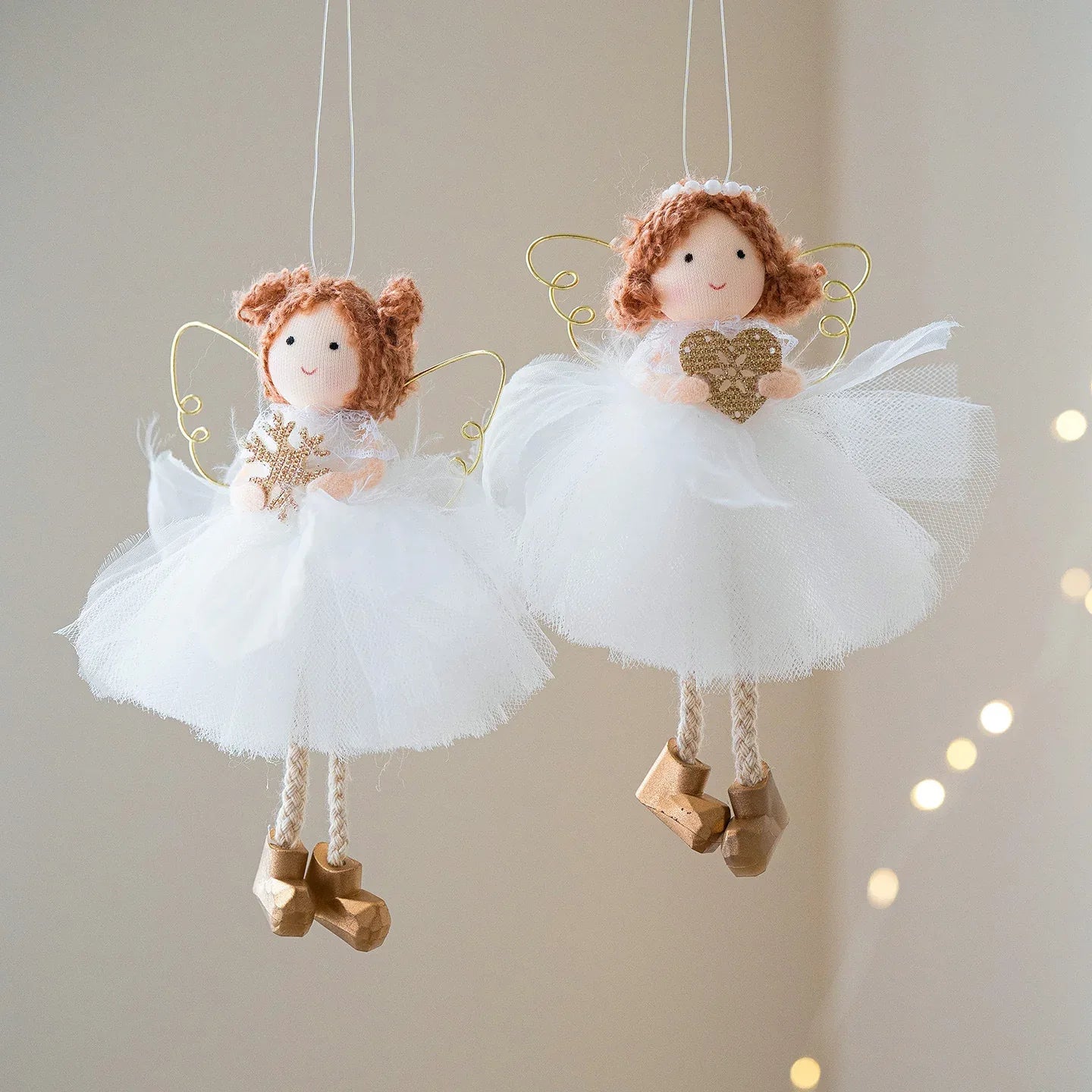 Christmas White Tulle Skirt Golden Wings Angel Girl Pendant - Home Decoration Plus