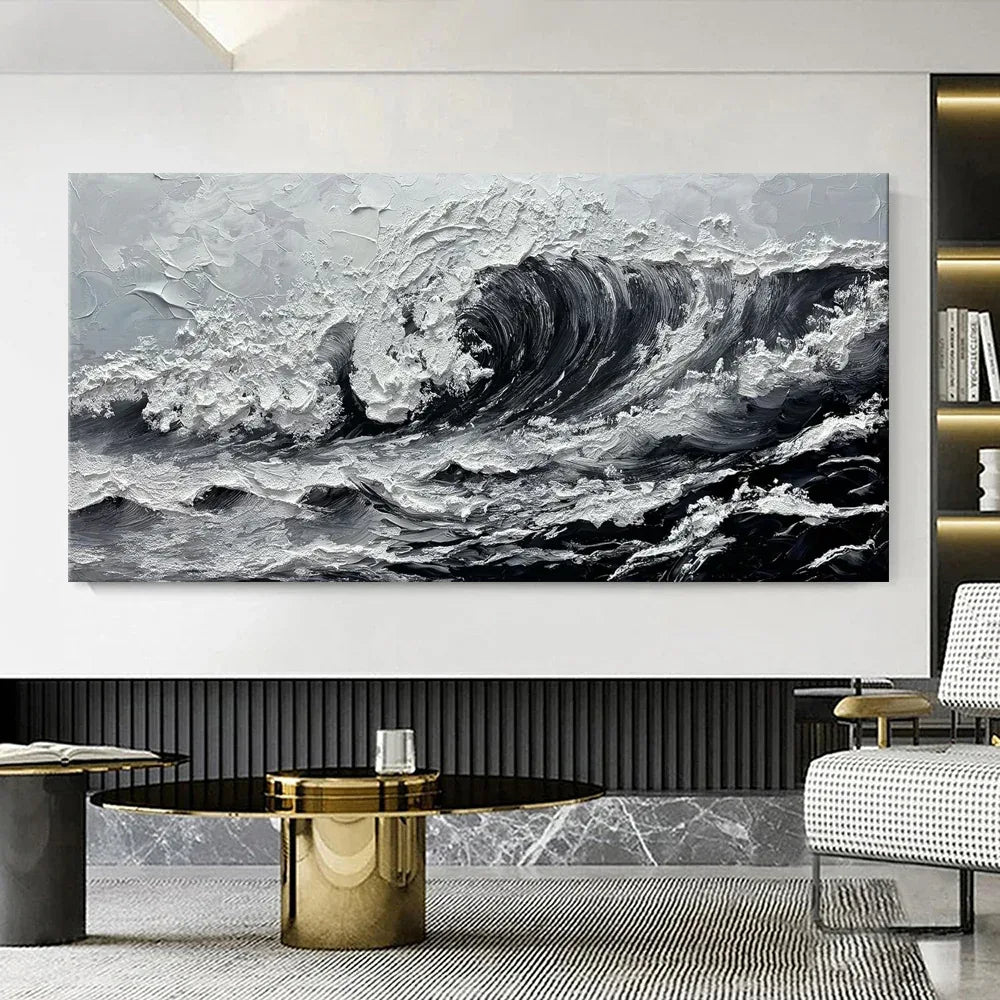 Ocean Waves Canvas Art - Large Gray White Seascape Oil Painting - Home Decoration Plus