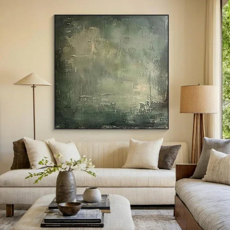 Large Geometric Abstract Painting Green Beige Minimalist Wabi-Sabi Wall Art Green Canvas Wall Art Modern Green Wall Decor - Home Decoration Plus