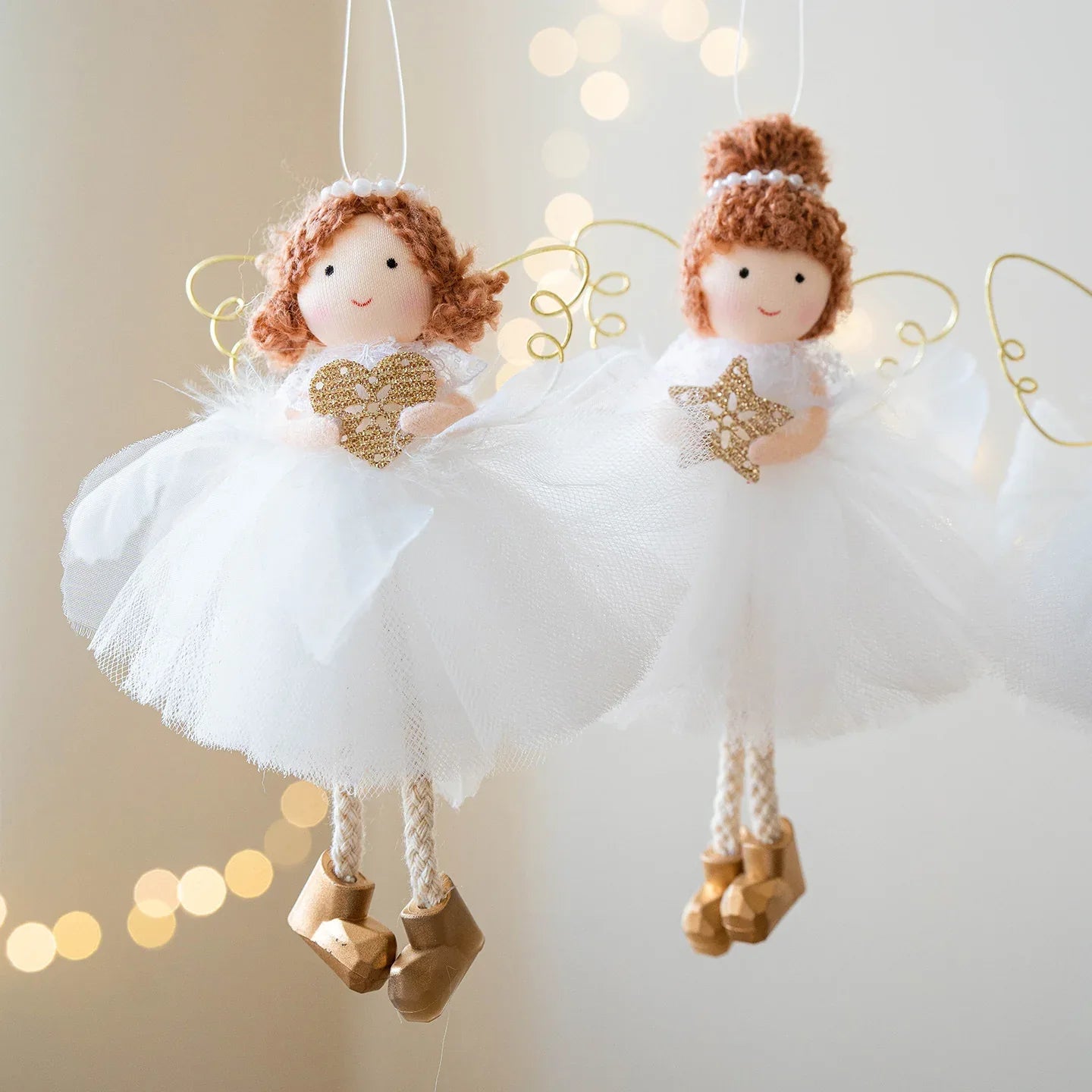 Christmas White Tulle Skirt Golden Wings Angel Girl Pendant - Home Decoration Plus
