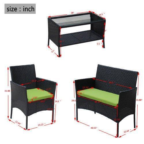 4 PC Rattan Patio Furniture Set Outdoor Patio Cushioned Seat Wicker Sofa Green Cushion - Home Decoration Plus