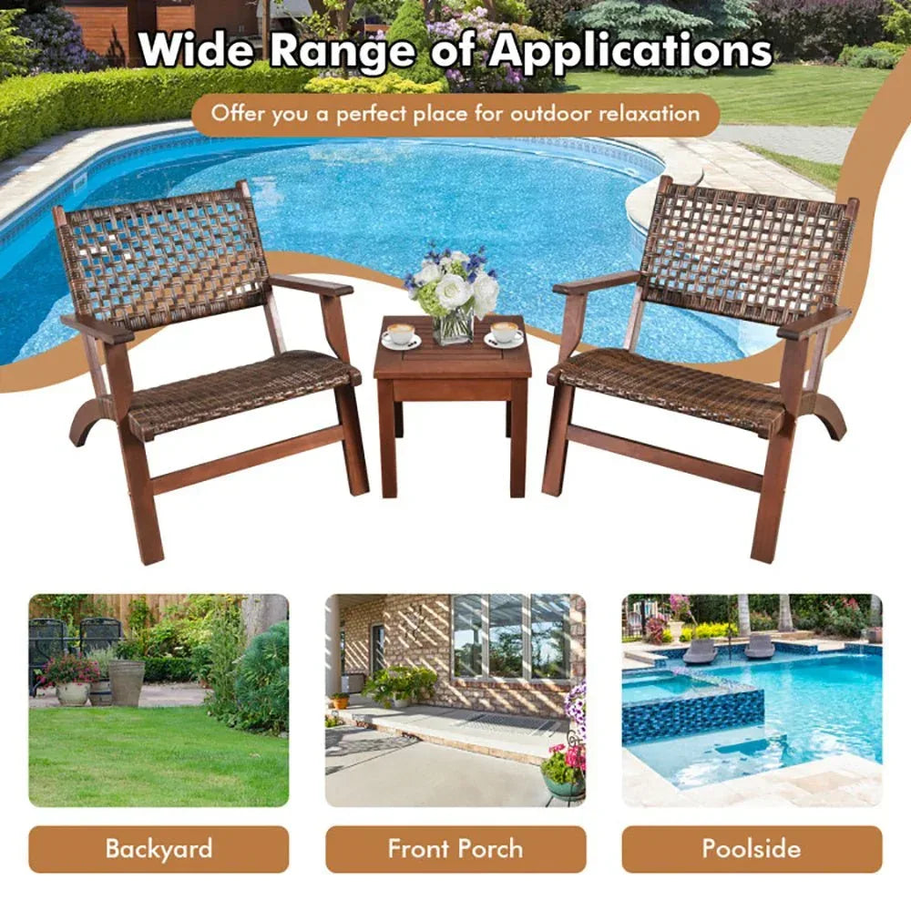 3 Pieces Outdoor Wooden Patio Rattan Furniture Set - Home Decoration Plus
