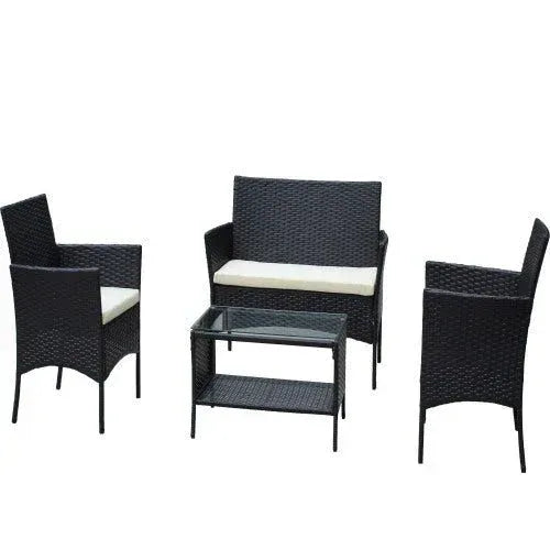 4 PC Rattan Patio Furniture Set Outdoor Patio Cushioned Seat Wicker Sofa Beige Cushion - Home Decoration Plus