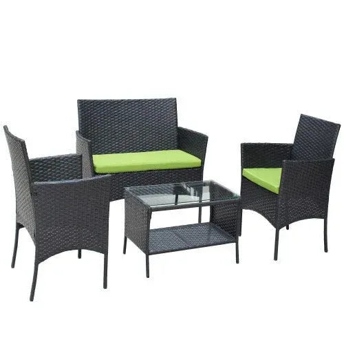 4 PC Rattan Patio Furniture Set Outdoor Patio Cushioned Seat Wicker Sofa Green Cushion - Home Decoration Plus